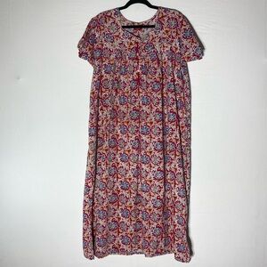 Vintage RD Red Blue Floral Print Cotton Maxi Length Nightgown Sleep Dress XL